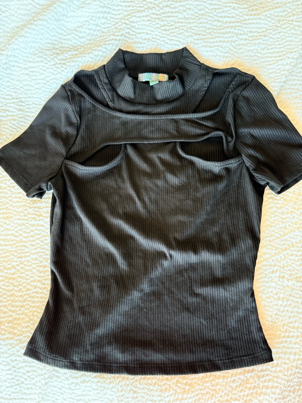 Good Luck Gem Black Cutout Ribbed Short Sleeve Top